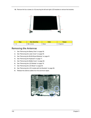 Page 110100Chapter 3
10.Remove the four screws (4 x B) securing the left and right LCD brackets to remove the brackets. 
Removing the Antennas 
1.See “Removing the Battery Pack” on page 56.
2.See “Removing the Lower Cover” on page 59.
3.See “Removing the WLAN Board Modules” on page 61.
4.See “Removing the Keyboard” on page 71.
5.See “Removing the Middle Cover” on page 68.
6.See “Removing the LCD Module” on page 76.
7.See “Removing the LCD Bezel” on page 94.
8.See “Removing the LCD module with the Brackets” on...