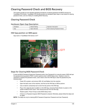 Page 135Chapter 5125
Clearing Password Check and BIOS Recovery
This section provide you the standard operating procedures of clearing password and BIOS recovery for 
TravelMate 5730 Series. TravelMate 5730 Series provide one Hardware Open Gap on main board for clearing 
password check, and one Hotkey for enabling BIOS Recovery.
Clearing Password Check
Hardware Open Gap Description
HW Gap position on M/B space:
Gap name in TravelMate 5730 Series is G77
 
Steps for Clearing BIOS Password Check
If users set BIOS...