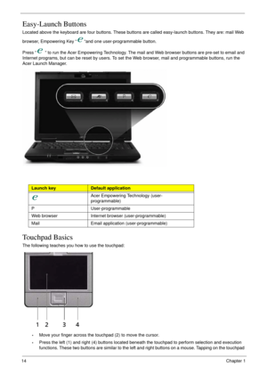 Page 2414Chapter 1
Easy-Launch Buttons
Located above the keyboard are four buttons. These buttons are called easy-launch buttons. They are: mail Web 
browser, Empowering Key “ “and one user-programmable button.
Press “  “ to run the Acer Empowering Technology. The mail and Web browser buttons are pre-set to email and 
Internet programs, but can be reset by users. To set the Web browser, mail and programmable buttons, run the 
Acer Launch Manager. 
Touchpad Basics
The following teaches you how to use the...