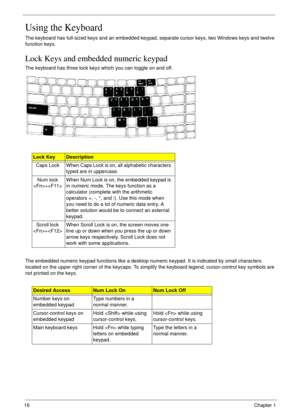 Page 2616Chapter 1
Using the Keyboard
The keyboard has full-sized keys and an embedded keypad, separate cursor keys, two Windows keys and twelve 
function keys.
Lock Keys and embedded numeric keypad
The keyboard has three lock keys which you can toggle on and off.
The embedded numeric keypad functions like a desktop numeric keypad. It is indicated by small characters 
located on the upper right corner of the keycaps. To simplify the keyboard legend, cursor-control key symbols are 
not printed on the keys.
Lock...