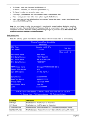 Page 5848            Chapter 2
qTo choose a menu, use the cursor left/right keys (zx).
qTo choose a parameter, use the cursor up/down keys (wy).
qTo change the value of a parameter, press p or q.
qA plus sign (+) indicates the item has sub-items. Press e to expand this item.
qPress ^ while you are in any of the menu options to go to the Exit menu.
qIn any menu, you can load default settings by pressing t. You can also press u to save any changes made 
and exit the BIOS Setup Utility.
Note: You can change the...