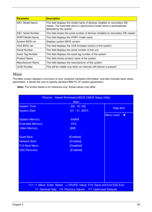 Page 59Chapter 249
Main
The Main screen displays a summary of your computer hardware information, and also includes basic setup 
parameters. It allows the user to specify standard IBM PC AT system parameters.
Note: The screen below is for reference only. Actual values may differ. IDE1 Model Name This field displays the model name of devices installed on secondary IDE 
master. The hard disk drive or optical drive model name is automatically 
detected by the system
IDE1 Serial Number This field shows the serial...