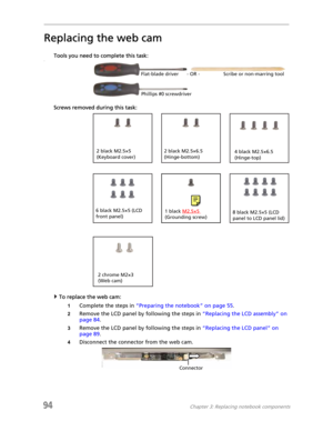 Page 10294Chapter 3: Replacing notebook components
Replacing the web cam
Tools you need to complete this task:v
Screws removed during this task:
To replace the web cam:
1Complete the steps in “Preparing the notebook” on page 55.
2Remove the LCD panel by following the steps in “Replacing the LCD assembly” on 
page 84.
3Remove the LCD panel by following the steps in “Replacing the LCD panel” on 
page 89.
4Disconnect the connector from the web cam.
Flat-blade driver Scribe or non-marring tool- OR -
Phillips #0...