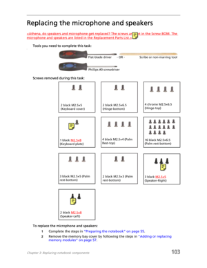 Page 113Chapter 3: Replacing notebook components103
Replacing the microphone and speakers

Tools you need to complete this task:v
Screws removed during this task:
To replace the microphone and speakers:
1Complete the steps in “Preparing the notebook” on page 55.
2Remove the memory bay cover by following the steps in “Adding or replacing 
memory modules” on page 57.
Flat-blade driver Scribe or non-marring tool
- OR -
Phillips #0 screwdriver
2 black M2.5×6.5 
(Hinge-bottom)2 black M2.5×5 
(Keyboard cover)
1 black...