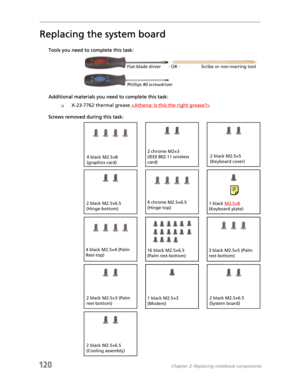 Page 130120Chapter 3: Replacing notebook components
Replacing the system board
Tools you need to complete this task:v
Additional materials you need to complete this task:
❑X-23-7762 thermal grease 
Screws removed during this task:
Flat-blade driver Scribe or non-marring tool- OR -
Phillips #0 screwdriver
2 black M2.5×6.5 
(Hinge-bottom)
2 black M2.5×5 
(Keyboard cover)
1 black M2.5×8 
(Keyboard plate)
4 black M2.5×4 (Palm 
Rest-top)
2 black M2.5×3 (Palm 
rest-bottom)
4 chrome M2.5×6.5 
(Hinge-top)
2 black...