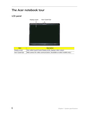 Page 146Chapter 1: System specifications
The Acer notebook tour
LCD panel
ItemDescription
Display screen Also called Liquid-Crystal Display (LCD), displays video output.
Acer Crystal Eye Web camera for video communication. (Available on select models only.)
Acer Crystal Eye
Display screen 