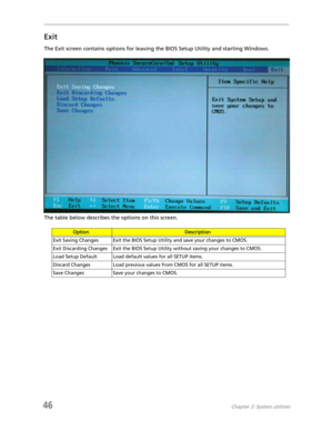 Page 5446Chapter 2: System utilities
Exit
The Exit screen contains options for leaving the BIOS Setup Utility and starting Windows.
The table below describes the options on this screen.
OptionDescription
Exit Saving Changes Exit the BIOS Setup Utility and save your changes to CMOS.
Exit Discarding Changes Exit the BIOS Setup Utility without saving your changes to CMOS.
Load Setup Default Load default values for all SETUP items.
Discard Changes Load previous values from CMOS for all SETUP items.
Save Changes...