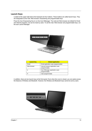 Page 19
Chapter 113
Launch Keys
Located at the upper-right above the keyboard are four buttons. These butt ons are called launch keys. They 
are designated as the mail, Web browse r, Empowering and programmable keys.
Press the Acer Empowering Key to run the Acer EMa nager. The mail and Web browser are default for Email 
and Internet programs, but can be reset by users. To  set the mail, Web browser and programmable keys, run 
the acer Launch Manager.
In addition, there are two launch keys at the front panel....