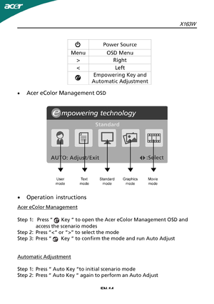 Page 15EN-14·
Acer eColor Management  OSD
Acer eColor Management Step 1: Press “  Key “ to open the Acer eColor Management OSD and
access the scenario modes
Step 2:Press “” to select the mode
Step 3:Press “   Key “ to confirm the mode and run Auto Adjust
Automatic Adjustment Step 1:Press “ Auto Key “to initial scenario mode
Step 2:Press “ Auto Key “ again to perform an Auto Adjust ·
Operation instructionsX163W
 