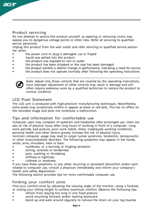 Page 4EN-3Product servicing
Do not attempt to service this product yourself, as opening or removing covers may
expose you to dangerous voltage points or other risks. Refer all servicing to qualified
service personnel.
Unplug this product from the wall outlet and refer servicing to qualified service person-
nel when:
•the power cord or plug is damaged, cut or frayed
•liquid was spilled into the product
•the product was exposed to rain or water
•the product has been dropped or the case has been damaged
•the...