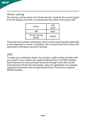 Page 9EN-8Power saving
T
he monitor will be driven into Power Saving” mode by the control signal
from the display controller, as indicated by the amber-color power LED.
The power saving states will be kept until a control signal has been detected
or the keyboard or mouse is activated. The recovery time from Active OFF
state back to ON state is around 3 seconds.
DDC
T
 o make your installation easier, the monitor is able to Plug and Play with
your system if your system also supports DDC protocol. The DDC...