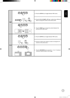 Page 23
English
23

PBP
1a.  Press the ACTIVE key to toggle between PBP screens.
1b. Press the TV, AV, SCART or PC keys, number keys or CH up or down to change the content of the active screen.
2.  Press the SWAP key to change the content between the primary and the PBP screen.
PBPPBPSwap
POP
1a.  Press the ACTIVE key to toggle between POP screens.
1b. Press the number keys or CH up or down to change the TV channel on the active screen. 
2.  Press the SIZE/MODE key to access the 1 + 5 or 1+12 picture-on-picture...