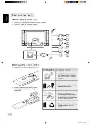 Page 12
English
12
Connecting the power cord
1 Connect the AC cord into the AC input on the back of the set.
2  Connect the plug to the wall outlet as shown.
Looking after your remote control
• Handle the remote control with care. Dropping, wetting or placing the remote control in sunlight may damage it. 
Kid• Do not tamper with batteries. Keep them away from children.
Aug• When you anticipate that the remote control will not be used for an extended period, remove the batteries to prevent possible damage as a...