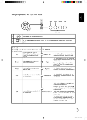 Page 31
English
31

short-cuts
EPG featuresWhen in EPG mode the color shortcut buttons can be used for special functions.
Red
Press the red key to go to the "What's On" screen. This contains a list of channels and scheduled programs.
What's OnIn the "What's On" screen you can also view upcoming shows by selecting Next.
GreenPress the green key to go to the "Type" selection screen.Type
The type feature can help you to select a certain category of programs that you may wish to...