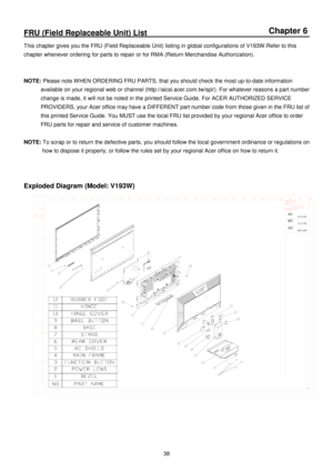 Page 38 
 
38 
FRU (Field Replaceable Unit) List                                                                                      
This chapter gives you the FRU (Field Replaceable Unit) listing in global configurations of V193W.Refer to this 
chapter whenever ordering for parts to repair or fo r RMA (Return Merchandise Authorization).   
    
NOTE:  Please note W HEN ORDERING FRU PARTS, that you shou ld check the most up-to-date information 
available on your regional web or channel (http://a...