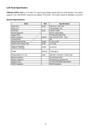 Page 10 
 
10 
LCD Panel Specification 
 
TPM190A1(PW01) V0A1  is a 19” wide TFT Liquid Crystal Display module wi th 2ch-LVDS interface. This module 
supports 1440 x 900 WXGA+ mode and can display 16.7 M colors. The inverter module for Backlight is not built in. 
 
General Specifications 
   