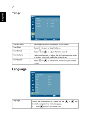 Page 3624
English
Timer
Language
Timer Location•Choose the location of the timer on the screen.
Timer Start
•Press   to start or stop the timer.
Timer Period
•Press   or   to adjust the timer period.
Timer Volume
•Select this function to adjust the nitification volume when 
the timer function is enabled and time is up.
Timer Display
•Press   or   to which timer mode to display on the 
screen.
Language
Choose the multilingual OSD menu. Use the or key 
to select your preferred menu language.
•Press  to confirm...