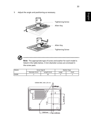 Page 4533
English5 Adjust the angle and positioning as necessary.
Note:  The appropriate type of screw and washer for each model is 
listed in the table below. 3 mm diameter screws are enclosed in 
the screw pack.
Models Screw Type B Washer Type
Diameter (mm) Length (mm) Large Small
H5360 3 25 V V
3
Tightening Screw
Allen Key
Allen Key
Tightening Screw
82.30 mm
15.00 mm 95.00 mm
SCREW SPEC. M3 x 25 mm
Downloaded From projector-manual.com Acer Manuals 