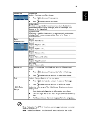 Page 2919
English
Note: Saturation and Tint functions are not supported under computer 
mode or HDMI mode.
Note: HDMI Color Range function is only supported under DVI mode.
AdvancedSharpeness
Adjusts the sharpness of the image.
•Press   to decrease the sharpness.
•Press   to increase the sharpness.
Brilliant Color
Produces an expanded on-screen color spectrum that delivers 
enhanced color saturation for bright, true-to-life images. This 
feature is On by default.
Dynamic Black
This feature enables the projector...