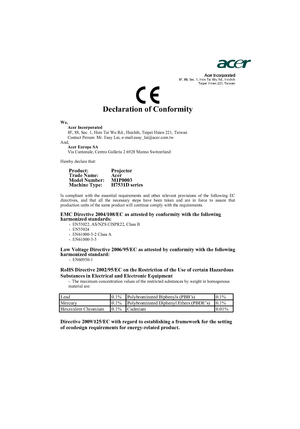 Page 54Acer Incorporated8F, 88, Sec. 1, Hsin Tai Wu Rd., Hsichih 
Taipei Hsien 221, Taiwan
Declaration of Conformity 
We,
Acer Incorporated
8F, 88, Sec. 1, Hsin Tai Wu Rd., Hsichih, Taipei Hsien 221, Taiwan 
Contact Person: Mr. Easy Lai, e-mail:easy_lai@acer.com.tw 
And,
Acer Europe SA
Via Cantonale, Centro Galleria 2 6928 Manno Switzerland 
Hereby declare that: 
Product:    Projector 
Trade Name:   Acer 
Model Number:M1P0003
Machine Type: H7531D series 
Is compliant with the essential requirements and other...