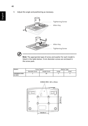 Page 50   40
English
5 Adjust the angle and positioning as necessary.
Note: The appropriate type of screw and washer for each model is 
listed in the table below. 3 mm diameter screws are enclosed in 
the screw pack.
Models Screw Type B Washer Type
Diameter (mm) Length (mm) Large Small
H9500BD/E250D/
HE-820J320VV
Tightening Screw
Allen Key
Allen Key
Tightening Screw
³140.00mm
82.52mm
SCREW SPEC. M3 x 20mm
Downloaded From projector-manual.com Acer Manuals 