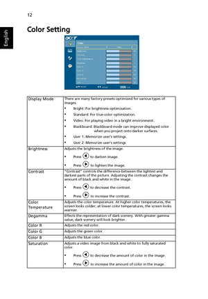 Page 2412
English
Color Setting
Display ModeThere are many factory presets optimized for various types of 
images.
•Bright: For brightness optimization.
•Standard: For true-color optimization.
•Video: For playing video in a bright environment.
•Blackboard: Blackboard mode can improve displayed color 
when you project onto darker surfaces.
•User 1: Memorize user’s settings.
•User 2: Memorize user’s settings
BrightnessAdjusts the brightness of the image.
•Press   to darken image.
•Press   to lighten the image....
