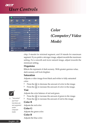 Page 20English...
20
Color
(Computer / Video
Mode)
chip. 0 stands for minimal segment, and 10 stands for maximum
segment. If you prefer a stronger image, adjust towards the maximum
setting. For a smooth and more natural image, adjust towards the
minimum setting.
Degamma
Effects the represent of dark scenery. With greater gamma value,
dark scenery will look brighter.
Saturation
Adjusts a video image from black and white to fully saturated
color.
Press the  to decrease the amount of color in the image.
Press the...