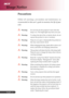 Page 2English...
2
Precautions
Follow all warnings, precautions and maintenance as
recommended in this user’s guide to maximize the life of your
unit.
Warning-Do not look into the projector’s lens when the
lamp is on. The bright light may hurt your eyes.
Warning-To reduce the risk of fire or electric shock, do not
expose this product to rain or moisture.
Warning-Please do not open or disassemble the product as
this may cause electric shock.
Warning-When changing the lamp, please allow unit to cool
down, and...