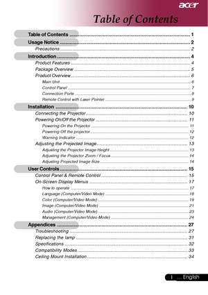 Page 11... English
Table of Contents
Table of Contents....................................................................................... 1
Usage Notice.............................................................................................. 2
Precautions......................................................................................................... 2
Introduction................................................................................................ 4
Product...