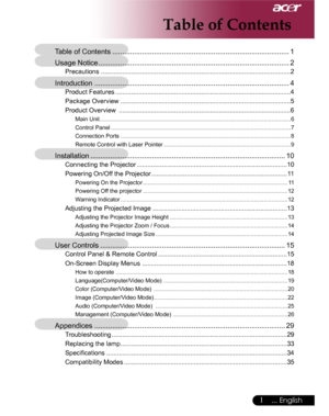 Page 1Downloaded from www.Manualslib.com manuals search engine Downloaded From projector-manual.com Acer Manuals
1... English
Table of Contents
Table of Contents .........................................................................................1
Usage Notice ................................................................................................2
Precautions ..........................................................................................................2
Introduction...