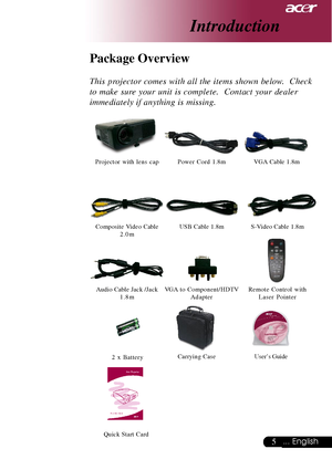 Page 55... English
Power Cord 1.8mVGA Cable 1.8m
2 x Battery
Introduction
Composite Video Cable
2.0m Projector with lens cap
Package Overview
This projector comes with all the items shown below.  Check
to make sure your unit is complete.  Contact your dealer
immediately if anything is missing.
Carrying Case
USB Cable 1.8m
User’s Guide
S-Video Cable 1.8m
Audio Cable Jack /Jack
1.8mVGA to Component/HDTV
Adapter
Quick Start Card
Remote Control with
Laser Pointer
Downloaded From projector-manual.com Acer Manuals...