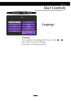 Page 1717
English
Language
Language
You can display the multilingual OSD menu . Use the   or 
key to select your prefered language.
Press “Menu” to finalize the selection.
Computer / Video Mode
User Controls
Downloaded From projector-manual.com Acer Manuals   