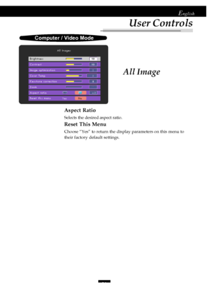 Page 2121
English
All Image
Aspect Ratio
Selects the desired aspect ratio.
Reset This Menu
Choose “Yes” to return the display parameters on this menu to
their factory default settings.
Computer / Video Mode
User Controls
Downloaded From projector-manual.com Acer Manuals   