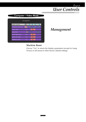 Page 2525
English
Management
Computer / Video Mode
User Controls
Machine Reset
Choose “Yes” to return the display parameters (except for Lamp
Hours) on all menus to their factory default settings.
Downloaded From projector-manual.com Acer Manuals   