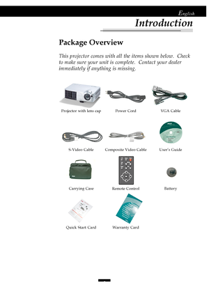 Page 55
English
Power Cord
S-Video CableVGA Cable
Remote ControlBattery User’s Guide
Introduction
Composite Video Cable Projector with lens cap
Package Overview
This projector comes with all the items shown below.  Check
to make sure your unit is complete.  Contact your dealer
immediately if anything is missing.
Carrying Case
Quick Start CardWarranty Card
Downloaded From projector-manual.com Acer Manuals             