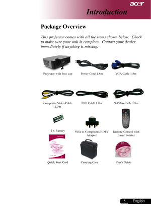 Page 55... English
Power Cord 1.8mVGA Cable 1.8m
2 x Battery
Introduction
Composite Video Cable
2.0m Projector with lens cap
Package Overview
This projector comes with all the items shown below.  Check
to make sure your unit is complete.  Contact your dealer
immediately if anything is missing.
Carrying Case
USB Cable 1.8m
User’s Guide
S-Video Cable 1.8m
VGA to Component/HDTV
Adapter
Quick Start Card
Remote Control with
Laser Pointer
Downloaded From projector-manual.com Acer Manuals                           