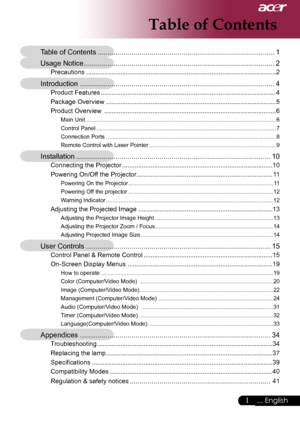 Page 3
1... English

Table of Contents
Table of Contents .........................................................................................1
Usage Notice ................................................................................................2
Precautions ..........................................................................................................2
Introduction ..................................................................................................4
Product Features...