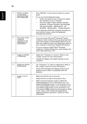 Page 4838
English
3 Partial, scrolling 
or incorrectly 
displayed image
(For notebooks)•Press RESYNC on the remote control or control 
panel.
•For an incorrectly displayed image:•Follow the steps for item 2 (above) to adjust 
the resolution of your computer.
•Press the toggle output settings. Example: 
[Fn]+[F4], Compaq [Fn]+[F4], Dell [Fn]+[F8], 
Gateway [Fn]+[F4], IBM [Fn]+[F7], HP 
[Fn]+[F4], NEC [Fn]+[F3], Toshiba [Fn]+[F5]
•If you experience difficulty changing resolutions or 
your monitor freezes, restart...