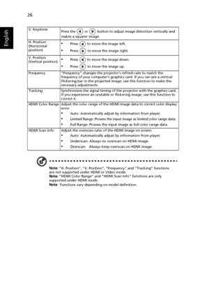 Page 3626
English
Note: H. Position, V. Position, Frequency and Tracking functions 
are not supported under HDMI or Video mode.
Note: HDMI Color Range and HDMI Scan Info functions are only 
supported under HDMI mode.
Note: Functions vary depending on model definition. V. Keystone
Press the   or   button to adjust image distortion vertically and 
makes a squarer image.
H. Position 
(Horizontal 
position)
•Press   to move the image left.
•Press   to move the image right.
V. Position 
(Vertical position)
•Press...