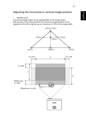 Page 3121
EnglishAdjusting the horizontal or vertical image position
•WUXGA series
The vertical image height can be adjusted 20% of the image height.
With the lens in the centre position the horizontal image position can be 
adjusted to the left or right by up to a maximum of 15% of the image width.
SOURCEBACKENTER
HH x 15%
V
H x 15%
V
V x 20%
120%(V), 0%(H)
-15%(H)15%(H)
100%(V)
110%(V) -7.5%(H)7.5%(H)
Offset max= 
V x 25%
Offset min= V x 5%
Downloaded From projector-manual.com Acer Manuals 