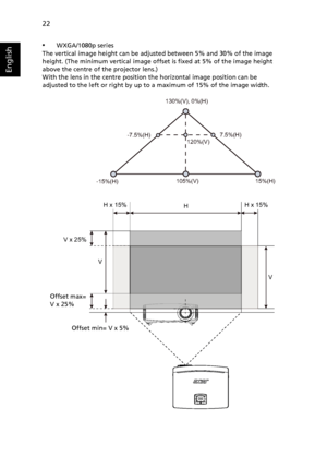 Page 3222
English
•WXGA/1080p series
The vertical image height can be adjusted between 5% and 30% of the image 
height. (The minimum vertical image offset is fixed at 5% of the image height 
above the centre of the projector lens.)
With the lens in the centre position the horizontal image position can be 
adjusted to the left or right by up to a maximum of 15% of the image width.
SOURCEBACKENTER
HH x 15%
V
H x 15%
V
V x 25%
130%(V), 0%(H)
-15%(H)15%(H)
105%(V)
120%(V) -7.5%(H)7.5%(H)
Offset max= 
V x 25%
Offset...