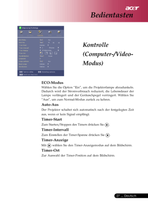 Page 27
 ... Deutsch
27
Bedientasten
ECO-Modus
Wählen Sie die Option “Ein”, um die Projektorlampe abzudunkeln.\
Dadurch wird der Stromverbrauch reduziert, die Lebensdauer der
Lampe verlängert und der Geräuschpegel verringert. Wählen Sie
“Aus”, um zum Normal-Modus zurück zu kehren.
Auto-Aus
Der Projektor schaltet sich automatisch nach der festgelegten Zeit
aus, wenn er kein Signal empfängt.
Timer-Start
Zum Starten/Stoppen des Timers drücken Sie .
Timer-Intervall
Zum Einstellen der Timer-Spanne drücken Sie ....