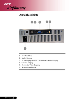 Page 8
Deutsch...8
Einführung
Anschlussleiste
1. USB-Anschluss
2. Audio-Eingang
3. PC-Analogsignal/HDTV/Component-Video-Eingang
4. S-Video-Eingang
5. Composite-Video-Eingang
6. Netzanschlussbuchse
1 2 3 4 5
6
Downloaded From projector-manual.com Acer Manuals 