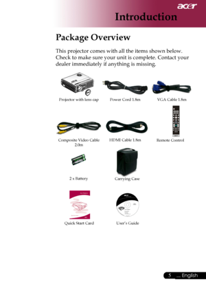 Page 7
... English

Introduction

Power	Cord	1.8mVGA	Cable	1.8m
2	x	Battery
Composite	Video	Cable	2.0m
Projector	with	lens	cap
Package Overview
This	projector	comes	with	all	the	items	shown	below.		
Check	to	make	sure	your	unit	is	complete.	Contact	your	
dealer	immediately	if	anything	is	missing.
Carrying	Case
HDMI	Cable	1.8m
User’s	GuideQuick	Start	Card Remote	Control	
Downloaded	From	projector-manual.com	Acer	Manuals 