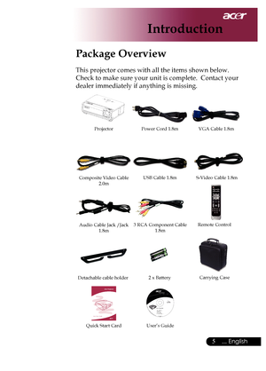 Page 7
5... English

Introduction

Power	Cord	1.8mVGA	Cable	1.8m
2	x	Battery
Composite	Video	Cable	2.0m
Projector
 Package Overview
This	projector	comes	with	all	the	items	shown	below.		
Check	to	make	sure	your	unit	is	complete.		Contact	your	
dealer	immediately	if	anything	is	missing.
Carrying	Case
USB	Cable	1.8m
User’s	Guide
S-Video	Cable	1.8m
Audio	Cable	Jack	/Jack	1.8m
Quick	Start	Card
Remote	Control	3	RCA	Component	Cable1.8m
Detachable	cable	holder
Downloaded	From	projector-manual.com	Acer	Manuals 