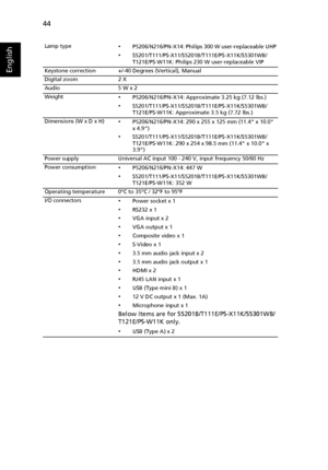 Page 5444
English
Lamp type•P5206/N216/PN-X14: Philips 300 W user-replaceable UHP
•S5201/T111/PS-X11/S5201B/T111E/PS-X11K/S5301WB/
T121E/PS-W11K: Philips 230 W user-replaceable VIP
Keystone correction +/-40 Degrees (Vertical), Manual
Digital zoom 2 X
Audio 5 W x 2
Weight
•P5206/N216/PN-X14: Approximate 3.25 kg (7.12 lbs.)
•S5201/T111/PS-X11/S5201B/T111E/PS-X11K/S5301WB/
T121E/PS-W11K: Approximate 3.5 kg (7.72 lbs.)
Dimensions (W x D x H)
•P5206/N216/PN-X14: 290 x 255 x 125 mm (11.4 x 10.0 
x 4.9)...