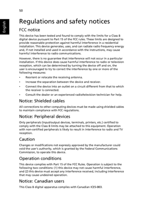 Page 6050
English
Regulations and safety notices
FCC notice
This device has been tested and found to comply with the limits for a Class B 
digital device pursuant to Part 15 of the FCC rules. These limits are designed to 
provide reasonable protection against harmful interference in a residential 
installation. This device generates, uses, and can radiate radio frequency energy 
and, if not installed and used in accordance with the instructions, may cause 
harmful interference to radio communications.
However,...