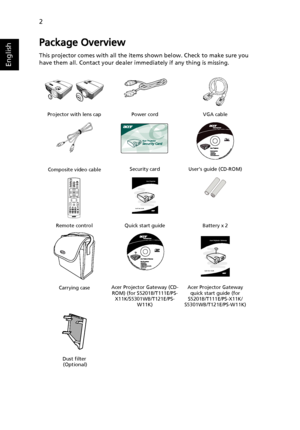 Page 122
English
Package Overview
This projector comes with all the items shown below. Check to make sure you 
have them all. Contact your dealer immediately if any thing is missing.
Projector with lens cap Power cord VGA cable
Composite video cableSecurity card User’s guide (CD-ROM)
Remote control Quick start guide Battery x 2
Carrying caseAcer Projector Gateway (CD-
ROM) (for S5201B/T111E/PS-
X11K/S5301WB/T121E/PS-
W11K)Acer Projector Gateway 
quick start guide (for 
S5201B/T111E/PS-X11K/...