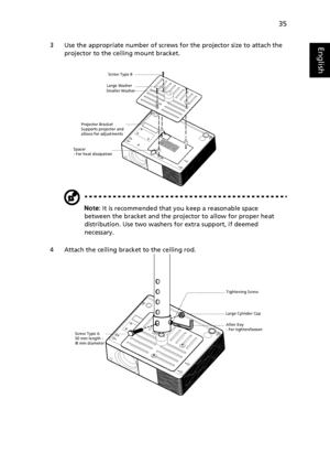 Page 4535
English3 Use the appropriate number of screws for the projector size to attach the 
projector to the ceiling mount bracket.
Note: It is recommended that you keep a reasonable space 
between the bracket and the projector to allow for proper heat 
distribution. Use two washers for extra support, if deemed 
necessary.
4 Attach the ceiling bracket to the ceiling rod.
Smaller WasherLarge Washer
Projector Bracket
Supports projector and 
allows for adjustments   Screw Type B
Spacer
- For heat dissipation...