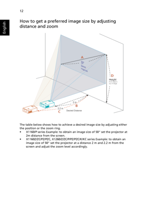 Page 2412
English
How to get a preferred image size by adjusting 
distance and zoom
The table below shows how to achieve a desired image size by adjusting either 
the position or the zoom ring. 
• X1160/P series Example: to obtain an image size of 50 set the projector at 
2m distance from the screen.
• X1160Z/ZC/PZ/PZC, X1260/Z/ZC/P/PZ/PZC/K/KC series Example: to obtain an 
image size of 50 set the projector at a distance 2 m and 2.2 m from the 
screen and adjust the zoom level accordingly.
Desired Distance...